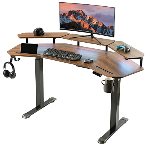 EUREKA ERGONOMIC Standing Gaming Desk with Dual Motor,63" Wing Shaped Computer Desk w Mouse Pad, Electric Adjustable Height Table w LED Monitor Stands,Slot Design,Walnut - color: Walnut, size: 63"W x 48"H-Adjustable