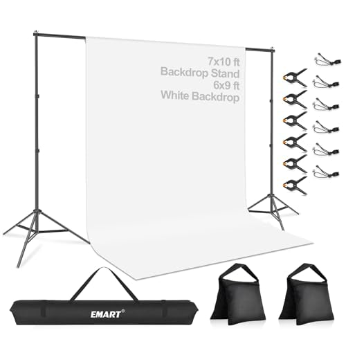 EMART Portable Photography Backdrop Stand Kit 7 x 10 ft with 6 x 9 ft White Backdrop, Adjustable Background Support System for Photo Video Studio, Photoshoot, Party, Live Game, Interviews - size: 7*10ft Stand/6*9ft Backdrop