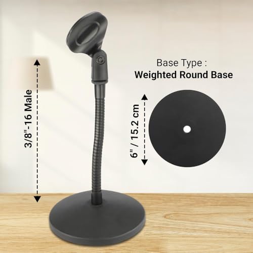 Desktop Gooseneck Microphone Stand – 6″ Flexible Arm, 1.4 lb Weighted Base, Includes Mic Clip & 3/8″–5/8″ Adapter – Ideal for Podcasting, Streaming, Gaming & Voice Recording - size: 6 inch