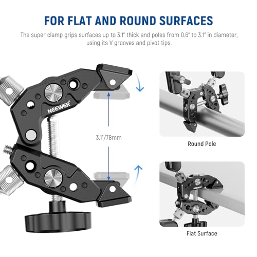 NEEWER Heavy Duty Super Clamp with Two 360° Dual Ball Head Magic Arms, 1/4" 3/8" Screw Threads, Phone & Action Camera Mount Adapter for Flat/Round Surface Compatible with GoPro DJI Insta360 DSLR - style: ST89