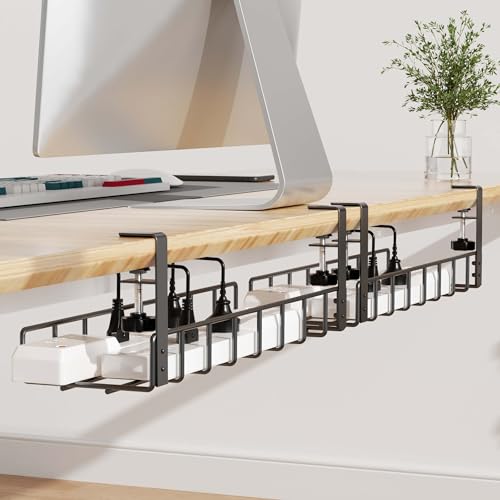 2 Pack Cable Management Under Desk Tray, 31.4" No Drill Under Desk Wire Management with Upgraded Clamp, Metal Cord Organizers for Desk with Cable Organizers, PC Cable Management Rack, Black - color: Black, size: 2 Pack (Standard)