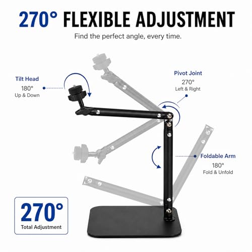 Desktop Microphone Stand with Weighted Steel Base, Adjustable Studio Mic Stand and Mic Arm for Desk, No-Clamp Tabletop Stand with 3/8", 5/8", 1/4" Adapters and Phone Holder