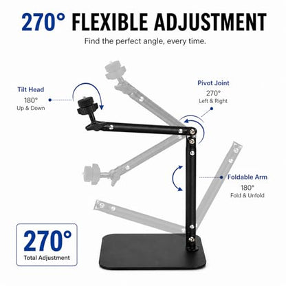 Desktop Microphone Stand with Weighted Steel Base, Adjustable Studio Mic Stand and Mic Arm for Desk, No-Clamp Tabletop Stand with 3/8", 5/8", 1/4" Adapters and Phone Holder