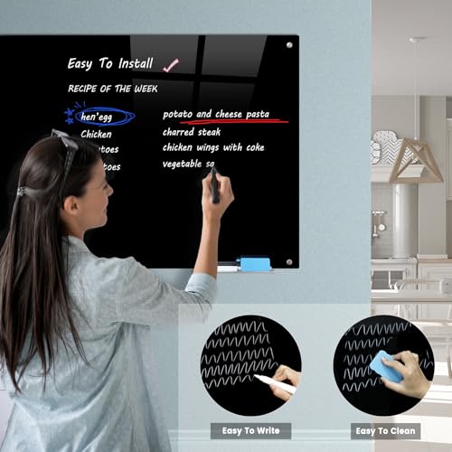 Magnetic Blackboard 72“ x 48” Black Glass Dry-Erase Board Wall-Mounted Frameless Whiteboard Bulletin Board Suitable for Offices, Schools, and Homes(Black) - size: 72"W x 48"H