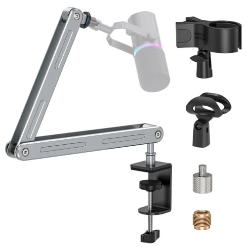 Microphone Boom Arm, Magic Arm Mount with 2 Mic Clips, Professional Desk Mic Stand Adjustable Articulating Bracket, 1/4 & 3/8 Thread Adapter for Podcasting, Streaming & Recording