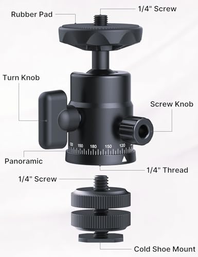 Mini Ball Head Tripod Mount for Camera, 360° Rotating Panoramic Head w Dual Hot Shoe Cold Shoe Adapter, 1/4" Thread for DSLR Mirrorless Phone Action Cam Flash Mic Monitor Light, 5.5 Lbs Max Load