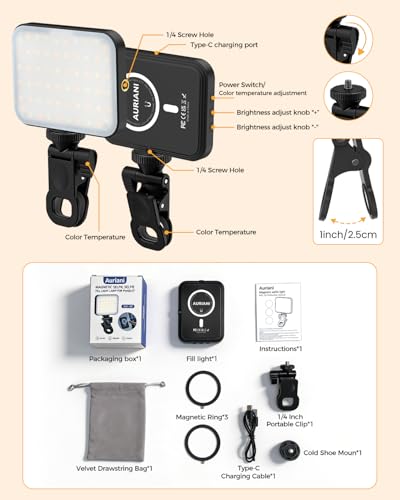 Magnetic Selfie Light for iPhone, Selfies Video Lighting, 6 Lighting Modes, 12 Brightness Levels, Clip, Magnetic or Camera Mount, Ideal for TikTok, Zoom, Makeup, Live Streaming - color: 60-Black