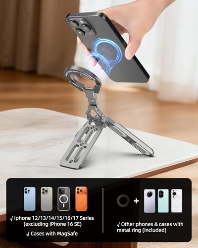 Magnetic Aluminum Phone Tripod Holder Mount Stand Handle with 1/4" Srcew & Cold Shoe & Arca-Swiss,Mini Pocket Foldable Cell Phone Stand,Compatible with MagSafe for iPhone, Fits Gym,Vlog,Travel,Desk