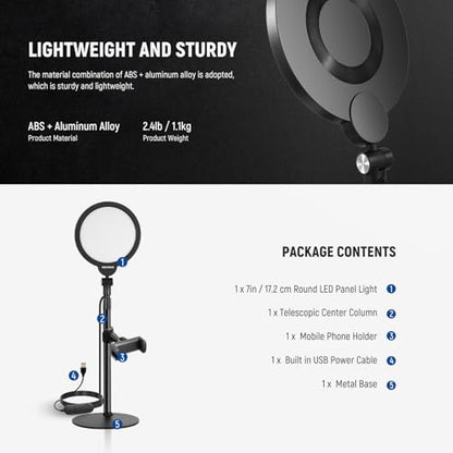 NEEWER Basics 7" Desk Ring Light for Video Recording, 10W Dimmable Full Screen Key Lighting with Stand&Phone Holder for iPhone Computer Laptop Vlog Live Streaming Video Conference, R06