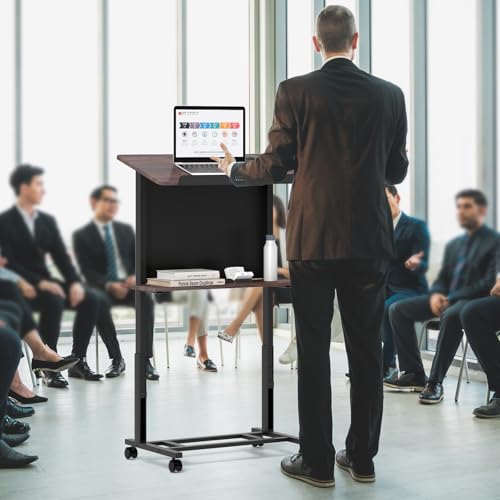 Giantex Mobile Podium Stand, Adjustable Rolling Laptop Desk with 4 Wheels & Tilting Desktop, Sit-to-Stand Lectern Podium Standing Desk w/Storage Shelf & Cable Hole for Classroom Church Home Office (1)