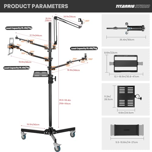 TARION Live Streaming Stand with Wheels - 61"/155cm 5-in-1 Stream Stand Equipment Kit: 1 Mic Boom + 3 Articulated Arms + 1 Projector Holder, Adjustable Heavy-Duty Floor Live Tree Stand Setup TitanRig - size: 5-in-1 Floor Set
