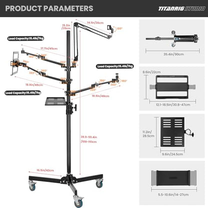 TARION Live Streaming Stand with Wheels - 61"/155cm 5-in-1 Stream Stand Equipment Kit: 1 Mic Boom + 3 Articulated Arms + 1 Projector Holder, Adjustable Heavy-Duty Floor Live Tree Stand Setup TitanRig - size: 5-in-1 Floor Set