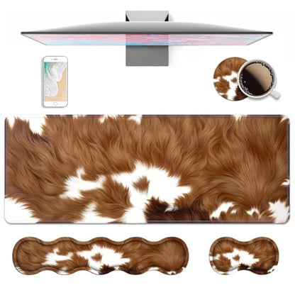 4 in 1 Ergonomic Keyboard Wrist Rest & Mouse Pad Wrist Rest Set, Large XXL Gaming Desk Mat 31.5"x 11.8" with Non-Slip Base, Memory Foam for Home Office Study Gaming, Brown Cow Print - color: Brown Cow Print
