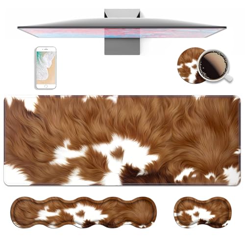 4 in 1 Ergonomic Keyboard Wrist Rest & Mouse Pad Wrist Rest Set, Large XXL Gaming Desk Mat 31.5"x 11.8" with Non-Slip Base, Memory Foam for Home Office Study Gaming, Brown Cow Print - color: Brown Cow Print