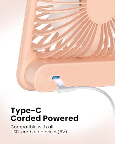 Koonie USB Desk Fan, Strong Wind Ultra Quiet Small Personal Fan with 180° Tilt Folding and 3 Speeds Adjustable, USB-C Corded Powered Mini USB Fan for Office Desktop Bedroom Pink, NO BATTERY | 180° Tilt Folding & 3 Speeds Adjustable, USB-C Corded Powered P