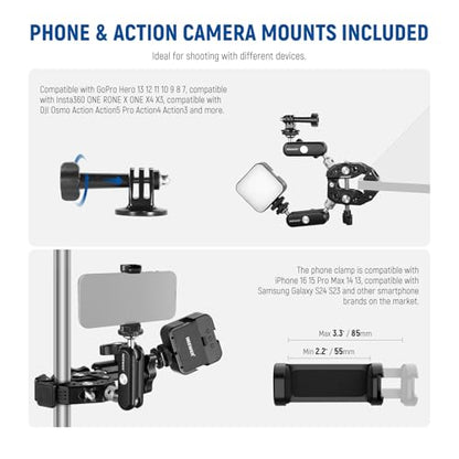 NEEWER Heavy Duty Super Clamp with Two 360° Dual Ball Head Magic Arms, 1/4" 3/8" Screw Threads, Phone & Action Camera Mount Adapter for Flat/Round Surface Compatible with GoPro DJI Insta360 DSLR - style: ST89