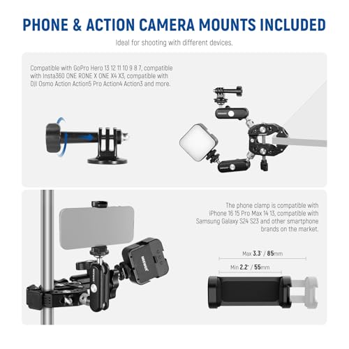 NEEWER Heavy Duty Super Clamp with Two 360° Dual Ball Head Magic Arms, 1/4" 3/8" Screw Threads, Phone & Action Camera Mount Adapter for Flat/Round Surface Compatible with GoPro DJI Insta360 DSLR - style: ST89