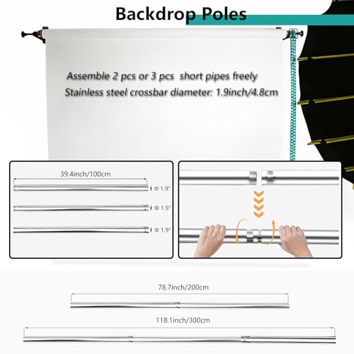 MagicLine Backdrop Poles,10ft/3m Stainless Steel Crossbar for Electric Motorized & Manual Studio Roller Background Support System, Crossbar for Backdrop Stand-Applicable to Home Photo Video