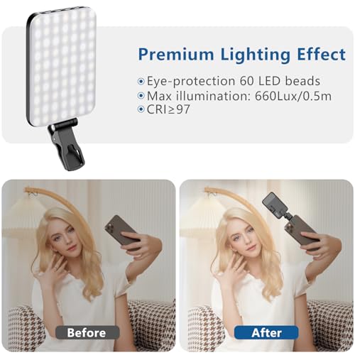 ALTSON 60 LED Portable Selfie Light Video Conference Lighting with Clip & Camera Tripod Adapter Rechargeable 2200mAh CRI 97+, 3 Light Modes for Phone iPhone Webcam Laptop Photo Makeup - color: Black