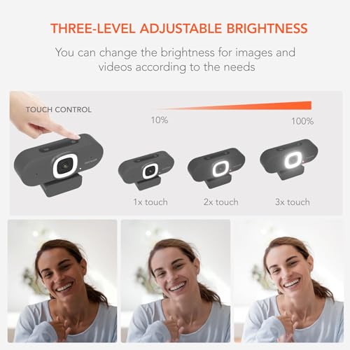 NUROUM V15AFL 2K Webcam with Ring Light for Streaming, Autofocus Webcam for PC w/Noise Cancelling Dual Mics, 1080P 60fps, 75° FOV&Lightweight, USB Web Camera Plug&Play for Zoom/Teams/OBS/Xsplit, Grey