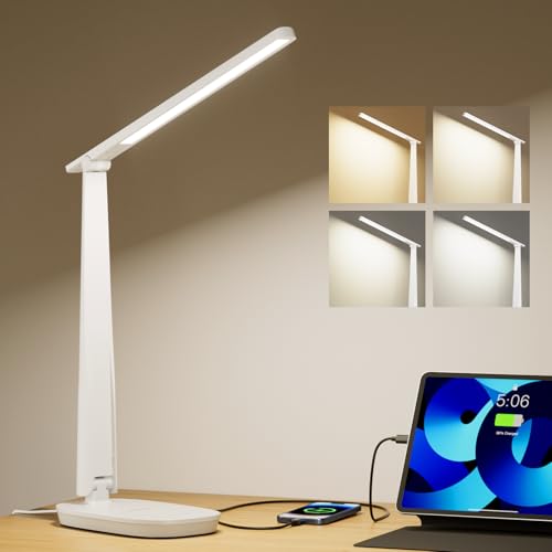 Honeywell LED Desk Lamp for Home Office, Eye-Caring Dimmable Reading Light with 4 Color Modes, Touch Control, USB-A & USB-C Charging Ports, Adjustable Head, Timer for Bedroom & Small Desks - color: White