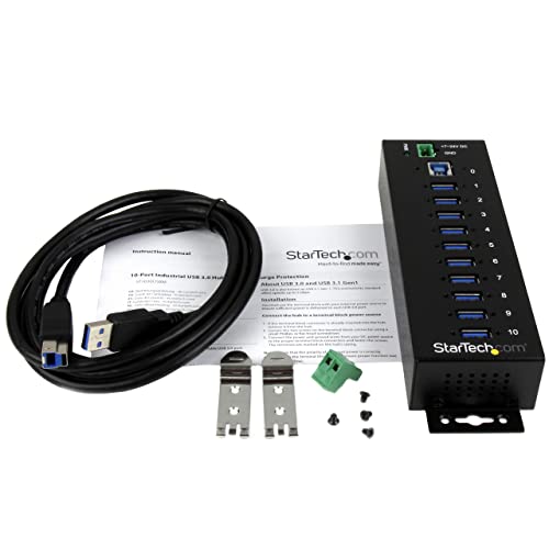 StarTech 10-Port Industrial USB 5Gbps Hub, Mountable, TAA (ST1030USBM) | Steel housing, ESD and surge protection, DIN/wall/desk mount, 7-24V terminal block power