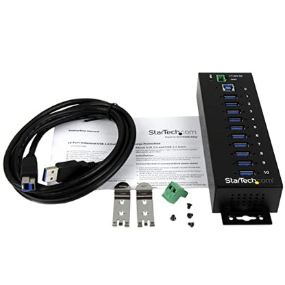 StarTech 10-Port Industrial USB 5Gbps Hub, Mountable, TAA (ST1030USBM) | Steel housing, ESD and surge protection, DIN/wall/desk mount, 7-24V terminal block power