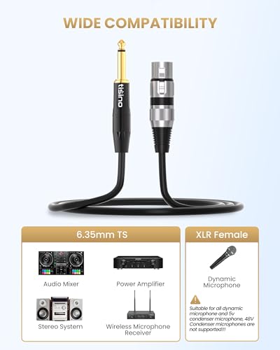 Tisino Female XLR to 1/4 (6.35mm) TS Mono Jack Unbalanced Microphone Cable Mic Cord for Dynamic Microphone - 20 FT/6.5 Meters - size: 20 feet