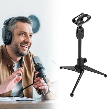 QWORK Desk Mic Stand, Foldable Desktop Microphone Tripod Stand, with 5/8" Male to 3/8" Female Adapter, for Dynamic & Condenser Mics