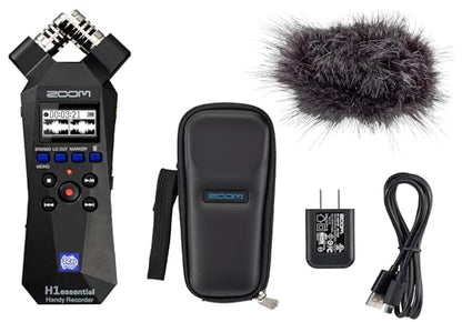 Zoom H1essential 2-Track 32-Bit Float Portable Audio Recorder Bundle with APH-1e with Hairy Windscreen, Padded Shell Case, AC Adapter, & USB C-Cable - style: H1e + Accessory Pack