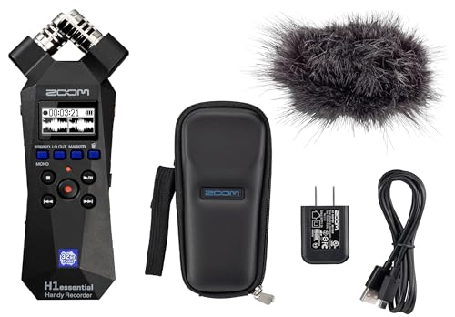Zoom H1essential 2-Track 32-Bit Float Portable Audio Recorder Bundle with APH-1e with Hairy Windscreen, Padded Shell Case, AC Adapter, & USB C-Cable - style: H1e + Accessory Pack