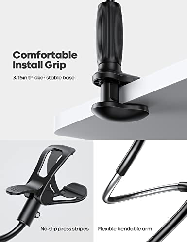 Lamicall Gooseneck Phone Holder for Bed - [Upgraded Stable Clip] for Desk, Headboard, Bed, Bedside, Table, Flexible Gooseneck Long Arm Stand, Overhead Cell Phone Clamp Mount, Gift for All 4-7” Device - color: black
