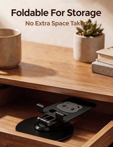 All-Metal Desk Phone Stand, 360° Rotating, 4-8" Phones & Tablets | Carbon steel base, dual-pole adjustment, panda face anti-slip pads, hex key, scratch-proof, heat-dissipating, case-friendly - color: black