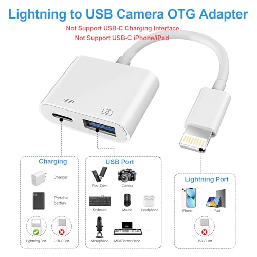 Lightning to USB Camera Adapter, [Apple MFi Certified] USB 3.0 Female to iPhone iPad Adapter with Charging Port, Plug and Play OTG Converter Cable Support Card Reader Flash Drives Keyboard - color: Pure White(Charge)