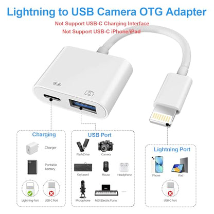 Lightning to USB Camera Adapter, [Apple MFi Certified] USB 3.0 Female to iPhone iPad Adapter with Charging Port, Plug and Play OTG Converter Cable Support Card Reader Flash Drives Keyboard - color: Pure White(Charge)