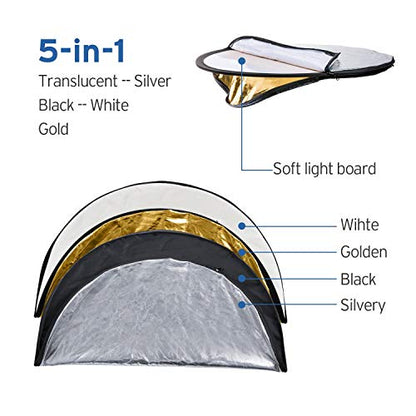 Etekcity 24" (60cm) 5-in-1 Photography Reflector, Multi-Disc Light Reflectors for Photography, Collapsible with Bag - Translucent, Silver, Gold, White and Black - size: 24 Inch