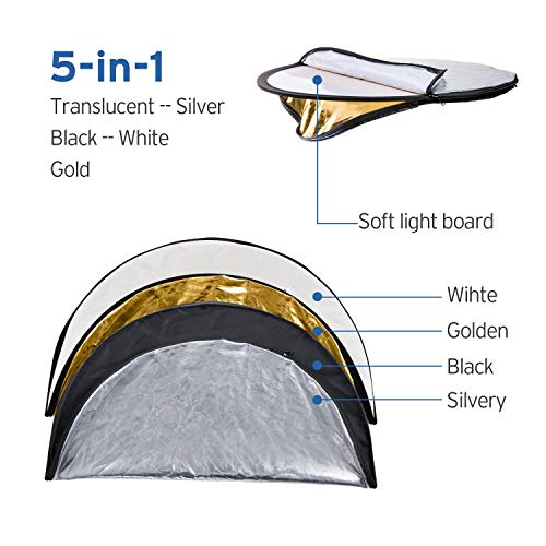 Etekcity 43" (110cm) 5-in-1 Photography Reflector, Multi-Disc Light Reflectors for Photography, Collapsible with Bag - Translucent, Silver, Gold, White and Black - size: 43 Inch