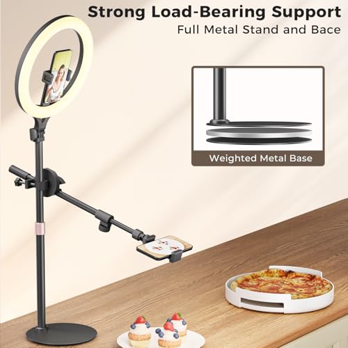11" Desk Ring Light,Wireless Bluetooth Ring Light with Stand & Phone Holder,Overhead Phone Mount for Video Recording,Tripod for Cooking Videos,Webcam Lamp/TikTok/YouTube,Compatible with iPhone Camera