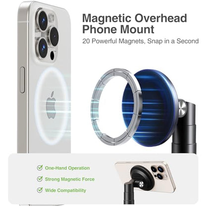 elitehood Magnetic Phone Stand for Overhead Recording, 15 in Long Arm Magsafe iPhone Holder for Video Recording, 360 Swivel Tilt Overhead Phone Mount for Filming, Meeting, Cooking, Painting, Crafting - style: Magnetic Stand