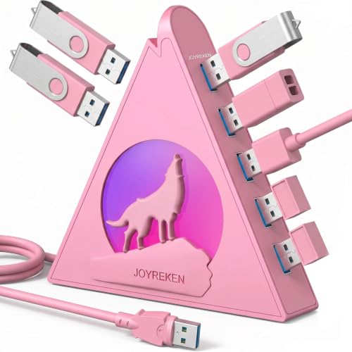 7 USB 3.0 Ports, Howling Wolf Pink USB Hub - 2FT Long Cable, Vertical USB Hub Expander Compatible with PC, Laptop, Flash Drive, HDD, Console, Printer, Keyborad, Mouse - color: Pink