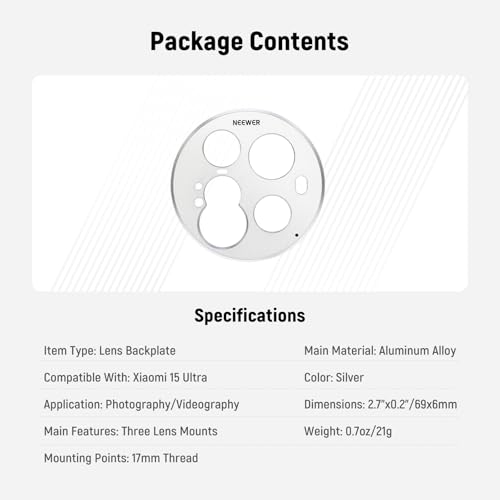 NEEWER 15 Ultra Lens Backplate, Aluminum Alloy 17mm Thread Phone Lens Adapter Holder for Main & Telephoto Cameras, Compatible with Xiaomi 15 Ultra Original Phone Case, PA111 (Silver) - style: Backplate for 15 Ultra/Silver