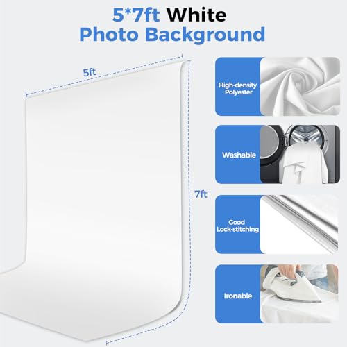 EMART 5 * 6.5ft White Photo Backdrop with Stand Kit for Photography Video Studio，White Screen Photoshoot Background Curtain with T-Shaped Portable Backdrop Stand Carrying Bag 5 Clamps - size: 5X6.5FT