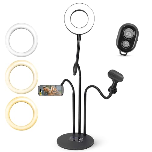iDANCE 6-in-1 USB Desktop Media Stand, LED Ring Light Tripod with Phone Mount, Mic Stand & Remote, Adjustable 360° Arms, Desk Ring Light for Streaming, Recording & Content Creation