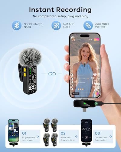 4 Pack Wireless Mini Lavalier Microphones for iPhone, Android iPad | Noise Reduction & LED Digital Display, Magnetic Mini Mic for Video Recording Vlogging YouTube Podcast Interview