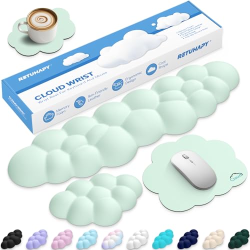 Cloud Wrist Rest Keyboard Cushion, 4-in-1 Ergonomic Cloud Keyboard Wrist Rest and Mouse Pad Set with Memory Foam Arm Support for Palm, Cute Desk Accessory for PC Gaming Setup, Light Green - color: 06 Light Green, size: Full Size