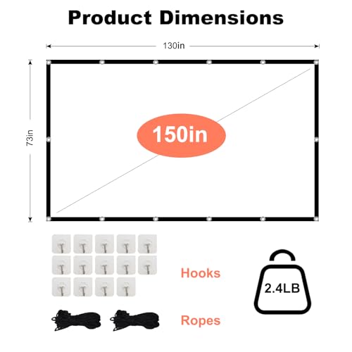 Projector Screen TOWOND 150 inch Projection Screen Indoor Outdoor Washable Anti-Crease 16:9 HD Rear Front Movies Screen for Home Theater Office