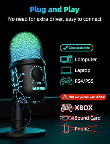 MRSDY USB Gaming Microphone for PC with Noise Reduction, Mute, Gain, RGB | Condenser Mic, Headphone Jack, Suitable for PC, Computer, PS4, PS5, Mac, Streaming, Podcasting, Recording, YouTube, Discord
