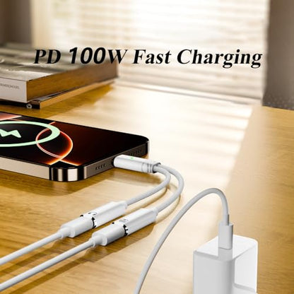 2-in-1 USB C to C Cable, PD 100W Charging & Audio Headphone Adapter with Microphone, Support USB 2.0(480Mbps) Data Transmission, Compatible with Phone, Laptop, Desktop and More