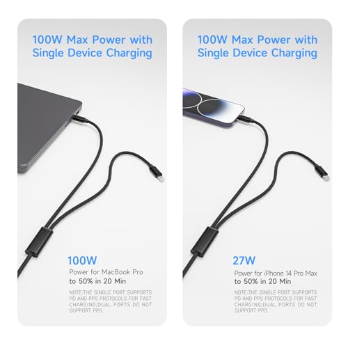 2 in 1 USB C to USB C and Lightning Carplay Cable 100W 4FT 1Pack Two Devices Simultaneous Fast Charging Compatible with MacBook Air/Pro/iPad/iPhone 17/16/15/14/13/12,Galaxy S26/S25/24/Pixel 10 - color: Black, size: 4FT