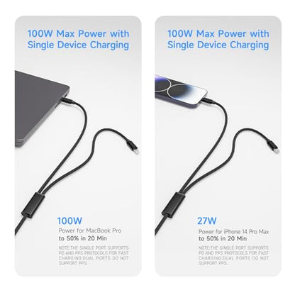 2 in 1 USB C to USB C and Lightning Carplay Cable 100W 4FT 1Pack Two Devices Simultaneous Fast Charging Compatible with MacBook Air/Pro/iPad/iPhone 17/16/15/14/13/12,Galaxy S26/S25/24/Pixel 10 - color: Black, size: 4FT